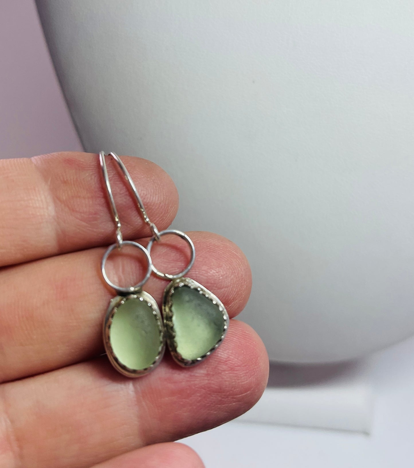 Green seafoam seaglass and silver earrings