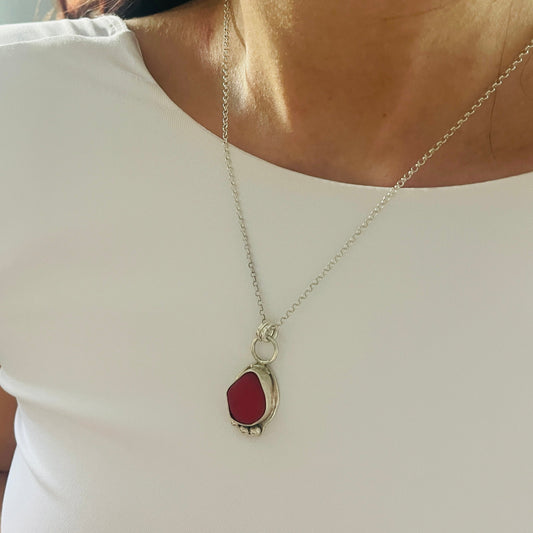 Opaque red seaglass necklace pendant in sterling silver