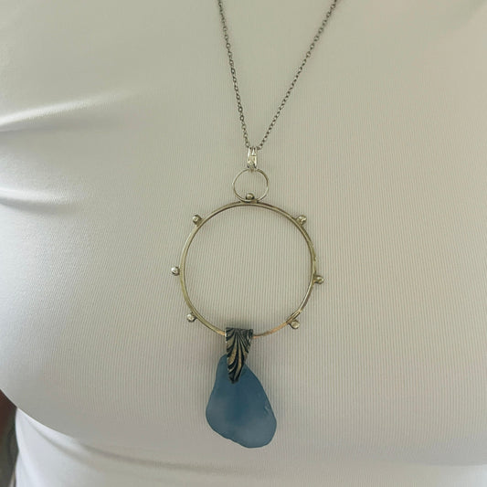 Large Statement Seaglass & Sterling Silver Pendant Necklace in Raw Chunky Blue design