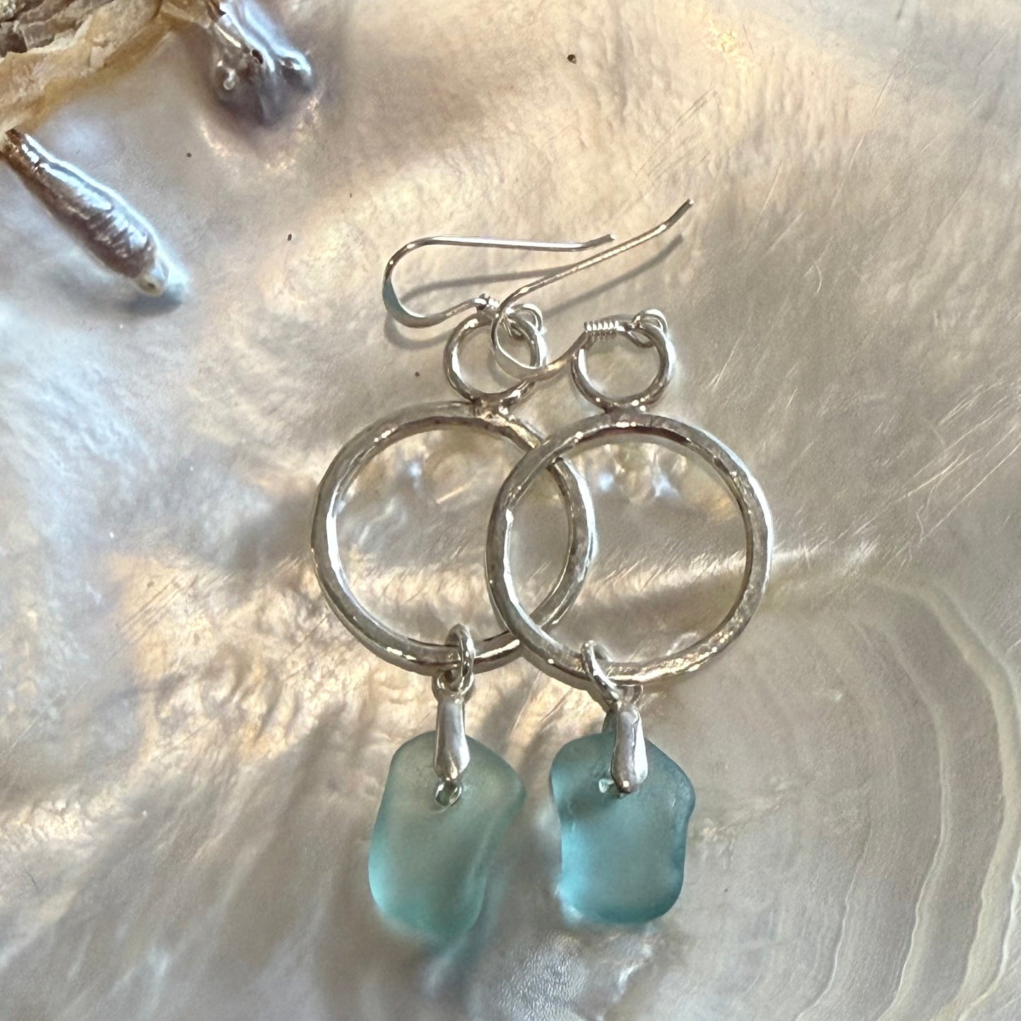 Hammered Hoops and Sea Glass Drop earrings