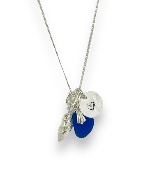 Three Charm Necklace with Seaglass & Sterling Silver Charms