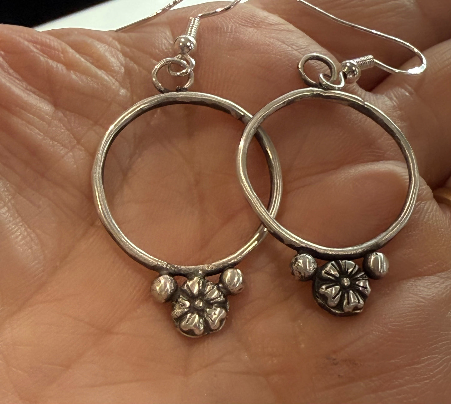 Organic styled sterling silver flower hoop earrings