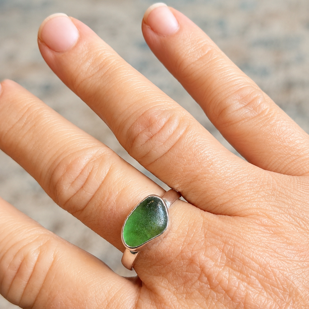 Emerald Green Sea Glass Ring – Handmade Sterling Silver | Size 9.5