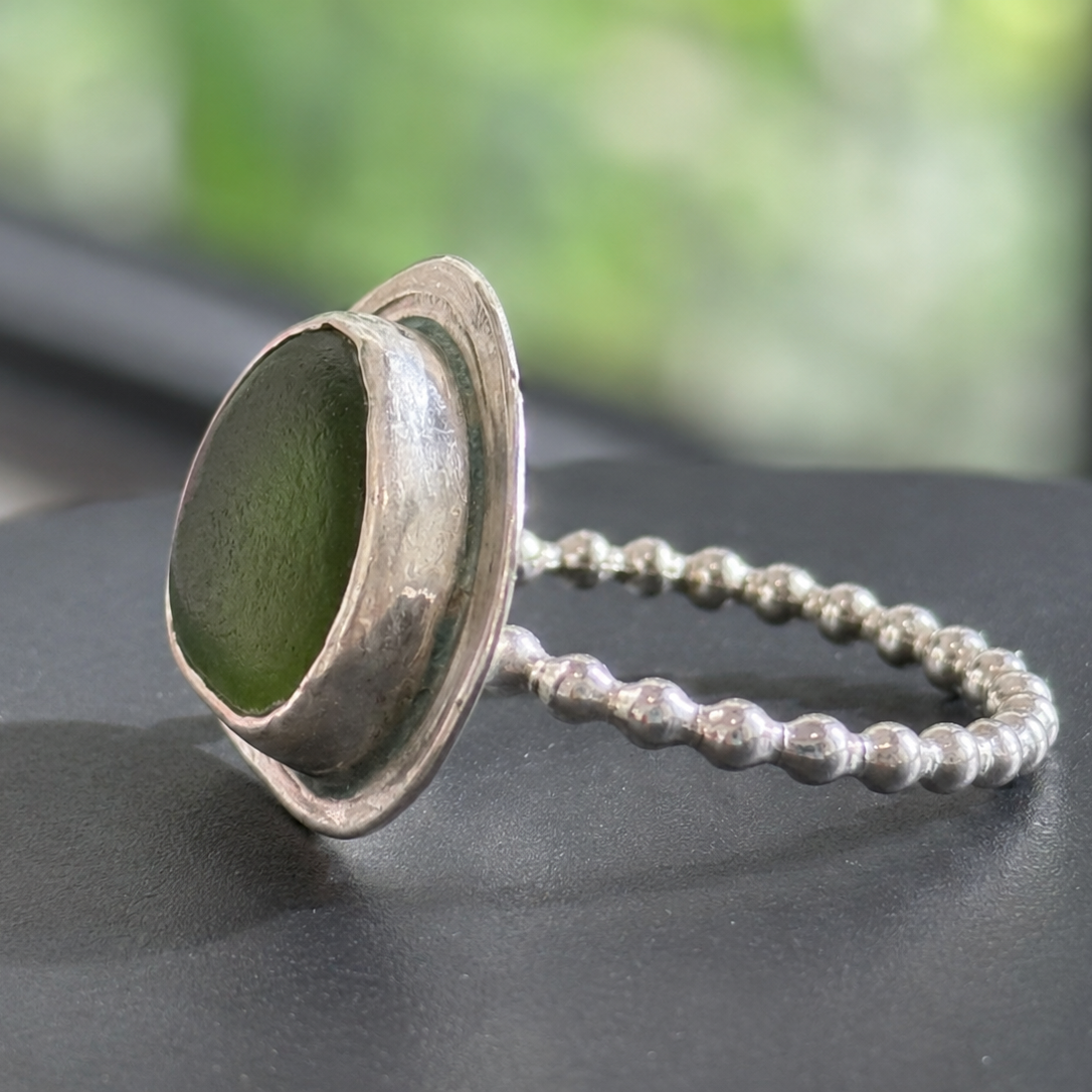 Ocean Moss Sea Glass Ring – Sterling Silver | Size 8.5