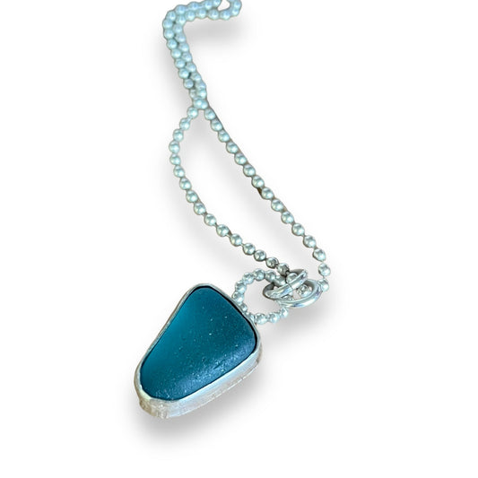 Triangular Teal Seaglass & Sterling Silver Pendant Necklace