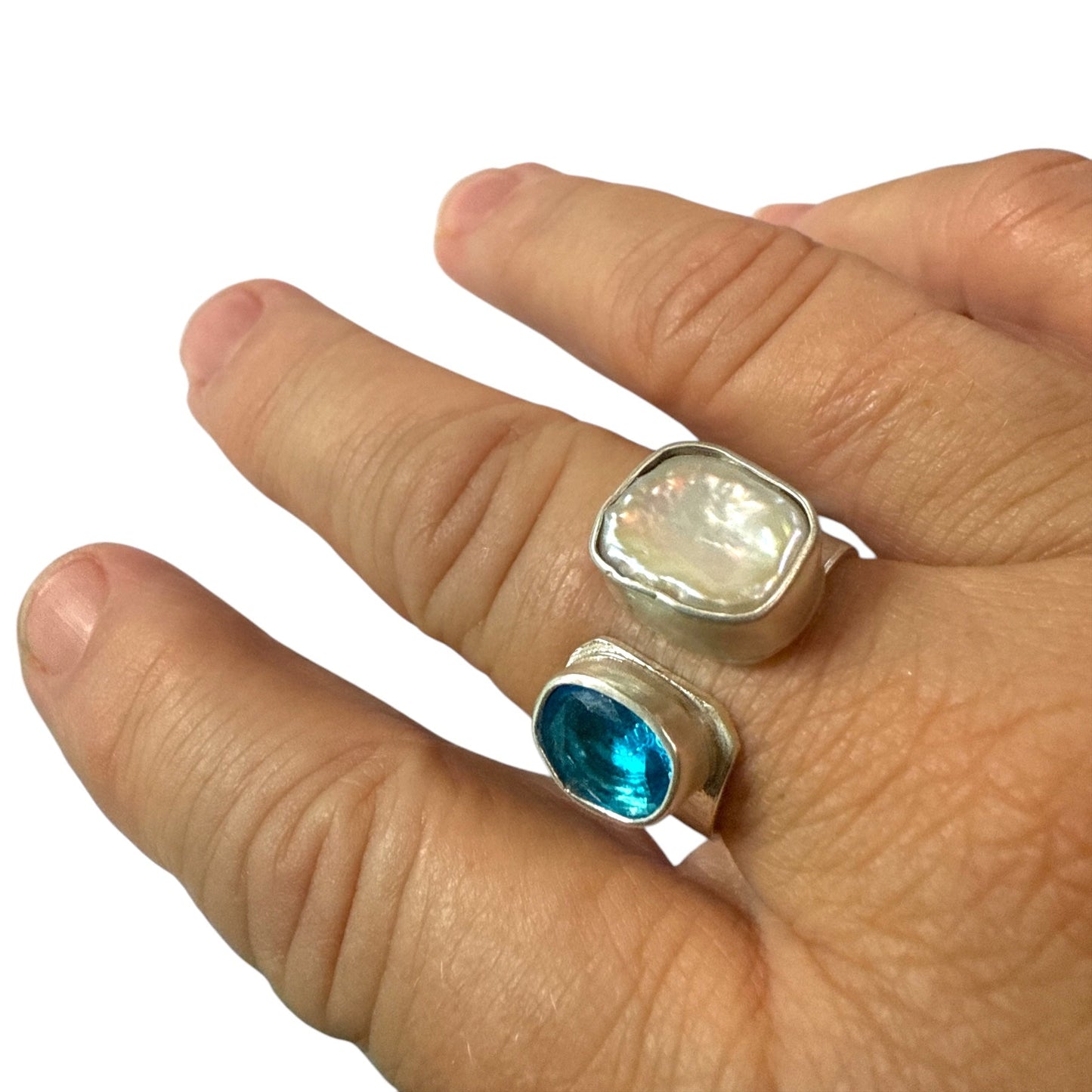 Ocean Whisper – Blue Topaz & Freshwater Pearl Duet Ring (Adjustable 8.5–9.5)
