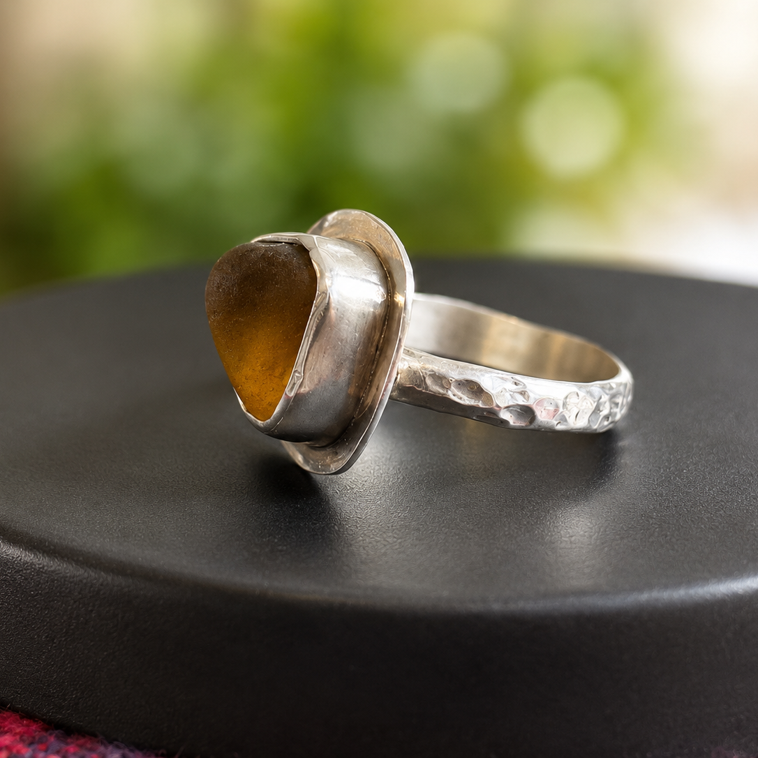 Golden Ember Sea Glass Ring – Sterling Silver | Size 7