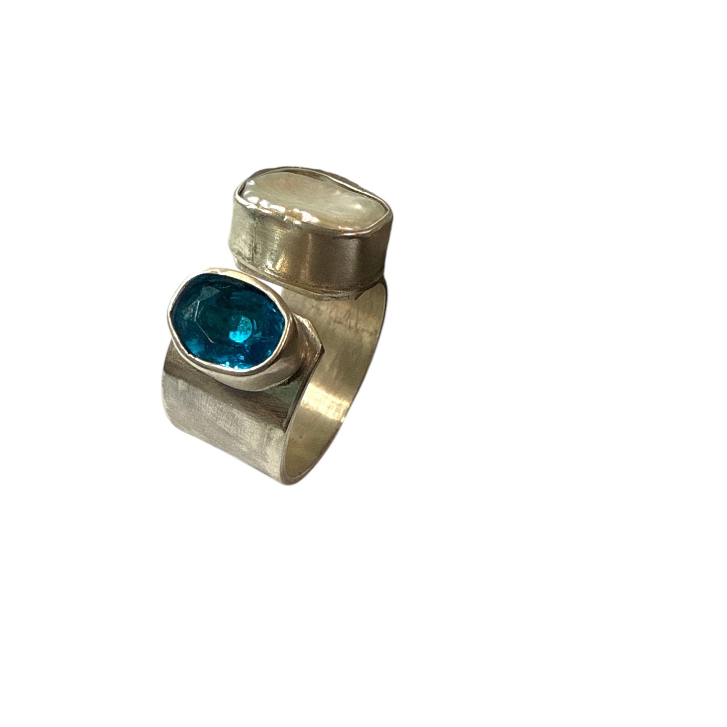 Ocean Whisper – Blue Topaz & Freshwater Pearl Duet Ring (Adjustable 8.5–9.5)