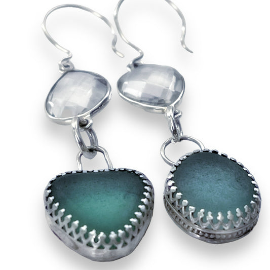 Mismatched fashion earrings - sterling silver & seaglass with clear Crystal Quartz