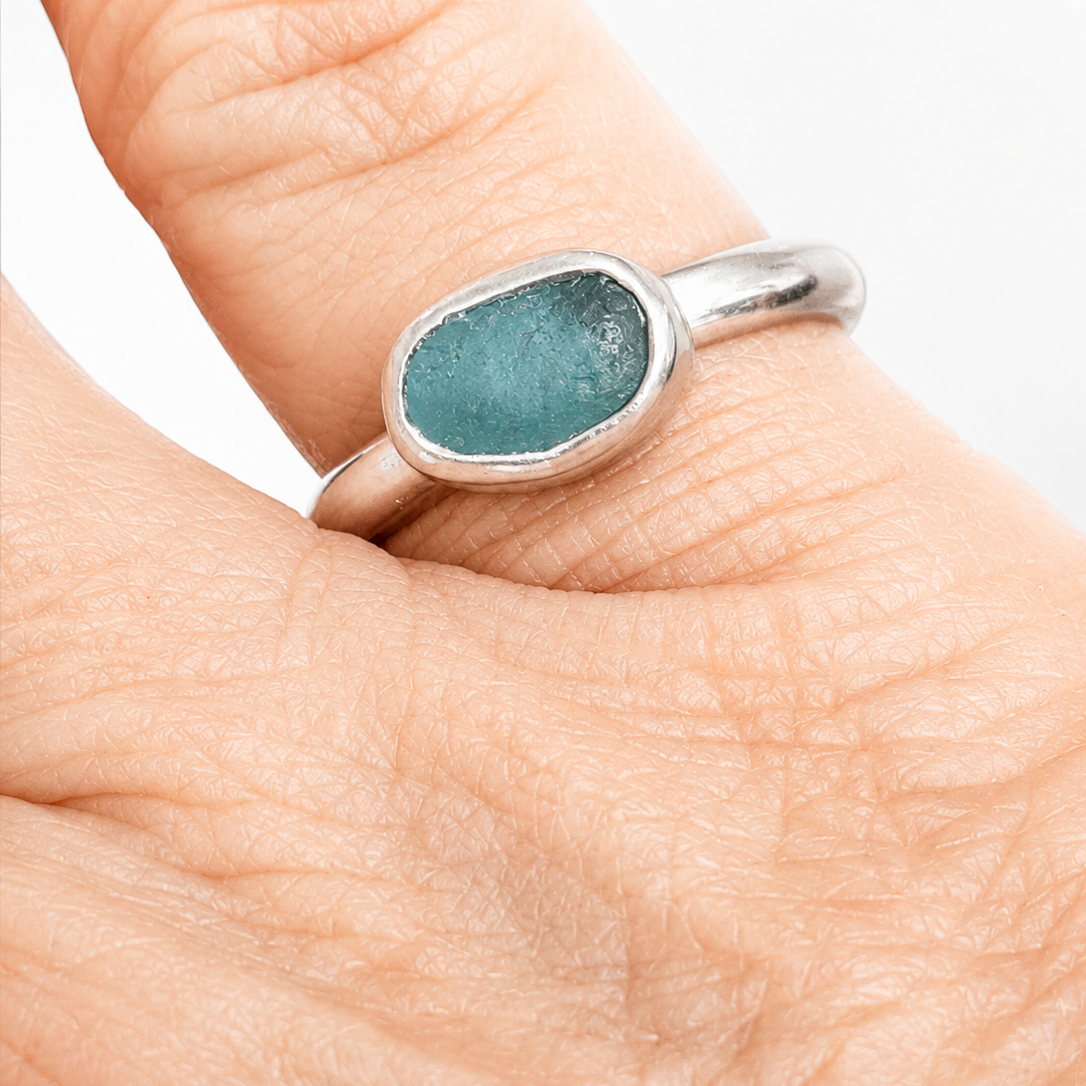 Sterling Silver Aqua Sea Glass Ring – Size 5.5