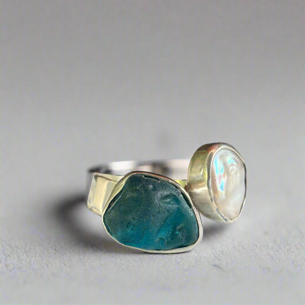Ocean Glow-  Adjustable Sea Glass & Pearl Ring
