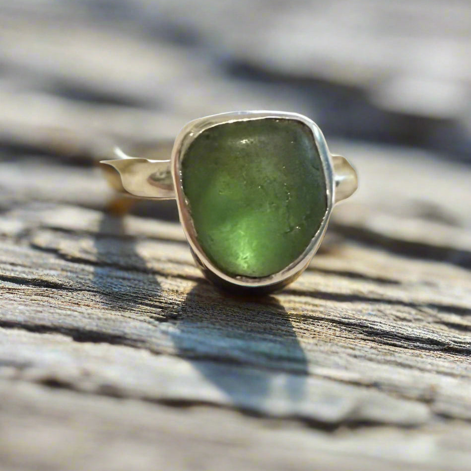 Emerald Wave: Green Sea Glass Ring Size 8