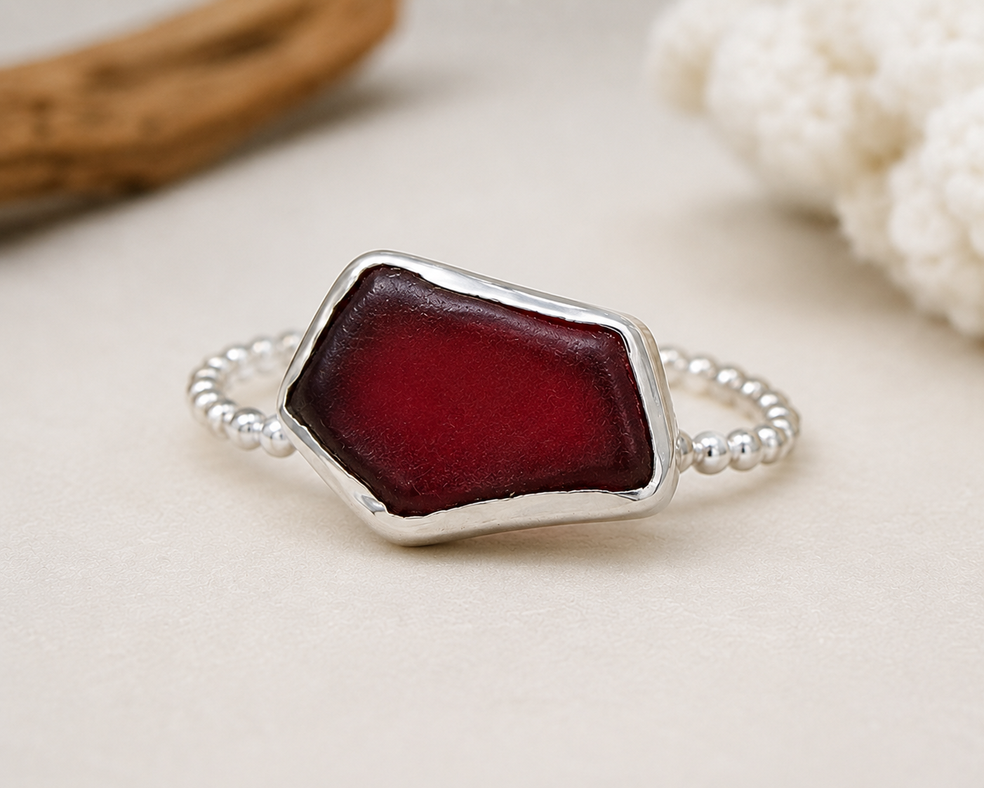 Burgundy Sea Glass Ring Sterling Silver Beaded Band Size 8