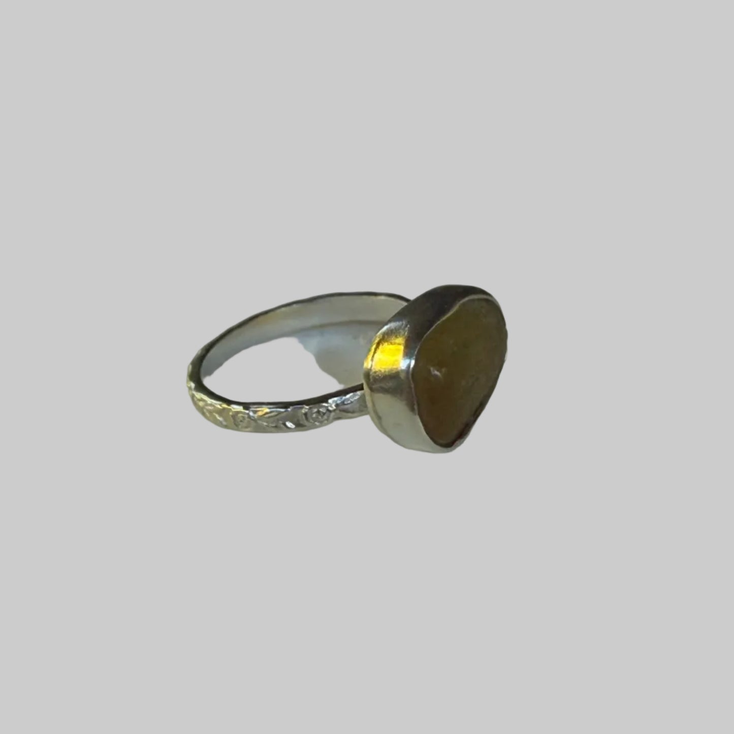 Honey Amber Sea Glass Ring – Sterling Silver Delicate Band – Size 6