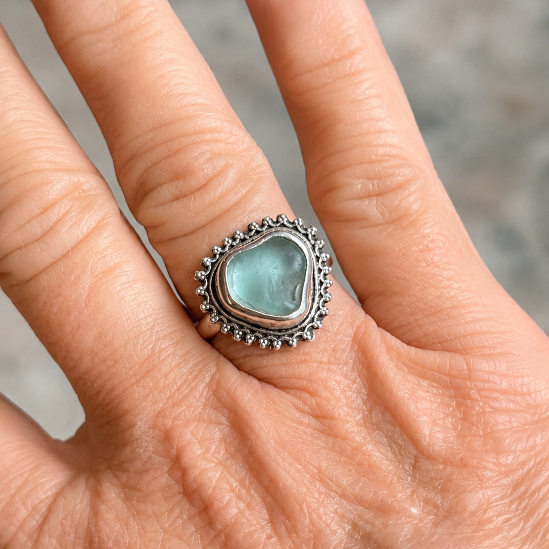 Soft Aqua Sea Glass Ring – Handmade Sterling Silver | Size 7.5