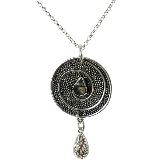 Round Sterling Silver pendant Necklace with spiral design with granulated silver and seaglass centrepiece