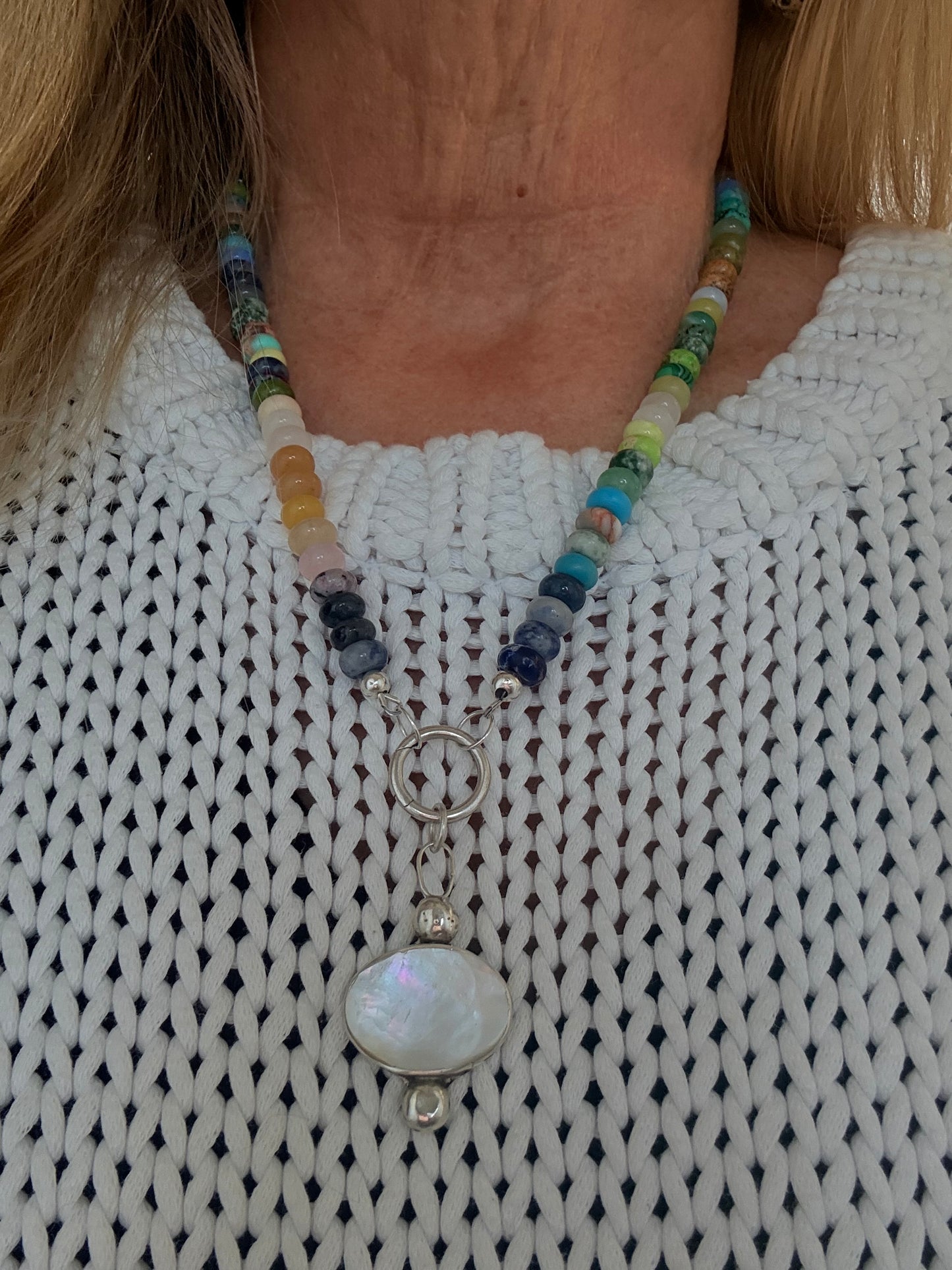 Rainbow Gemstone Bead Necklace with Mother-of-Pearl Pendant | Sterling Silver | 50 cm