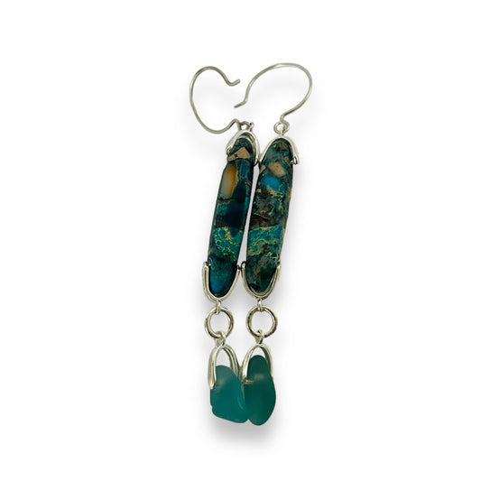 Drop earrings with multi coloured stone and seaglass on Sterling silver