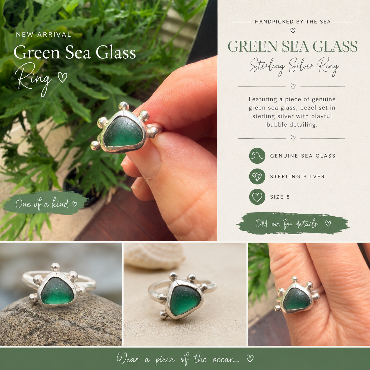 Deep Emerald Sea Glass Ring in Sterling Silver – Handmade One of a Kind size 8