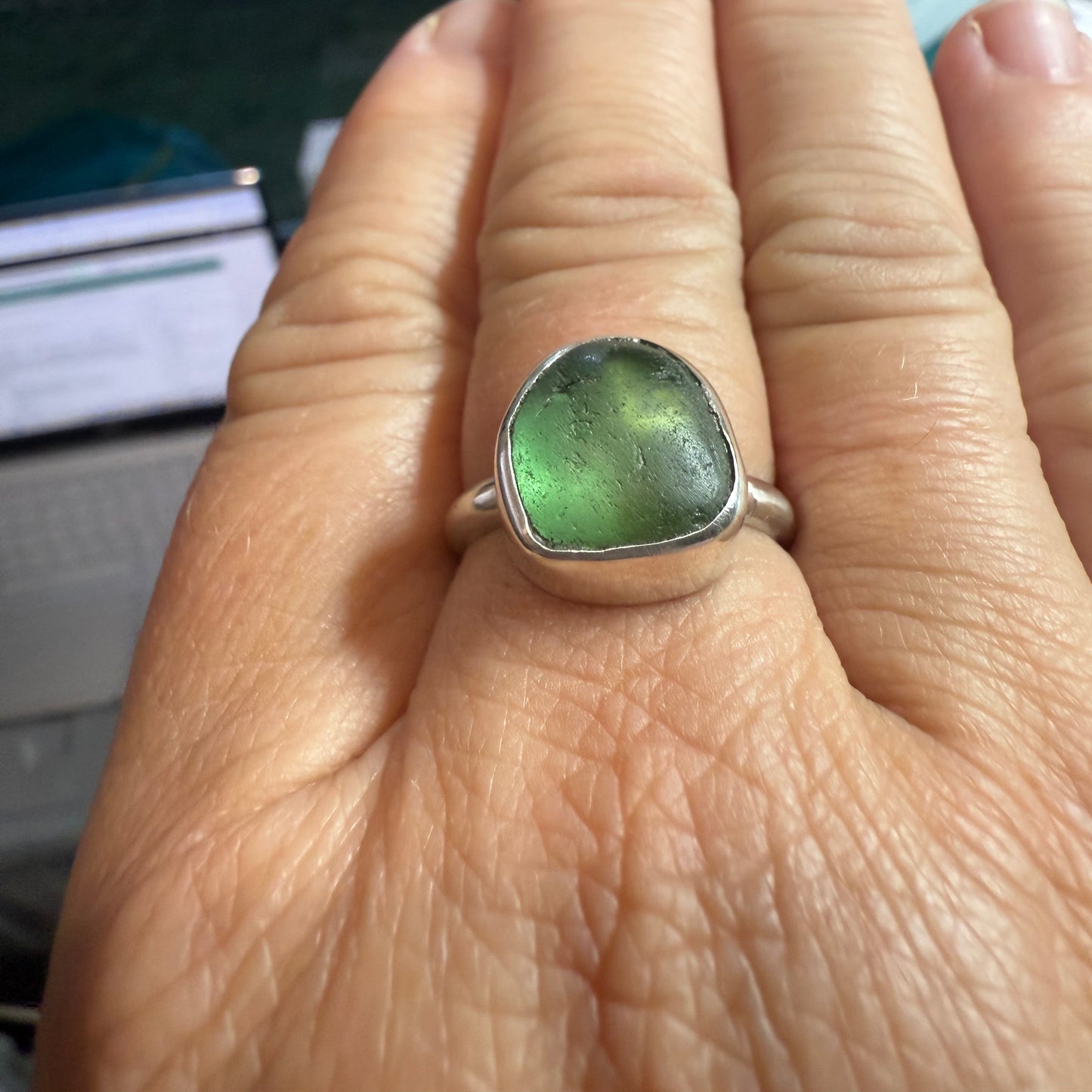 Emerald Wave: Green Sea Glass Ring Size 8