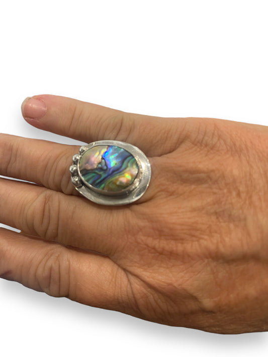 Paua Shell and Sterling Silver Ring with Detailed Band