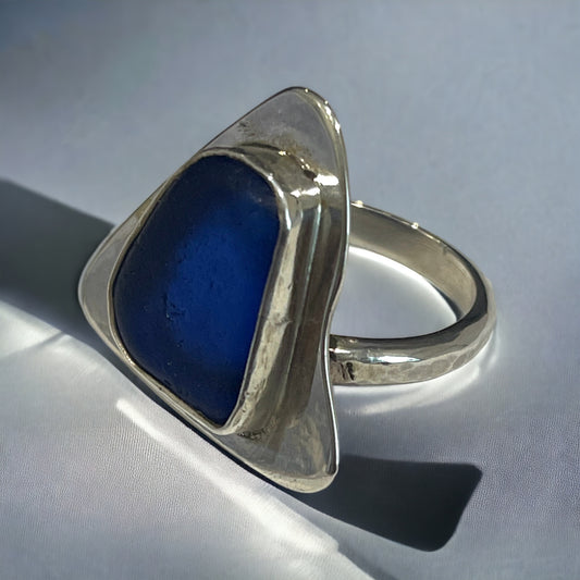 Triangular Sterling Silver Ring with Cobalt Blue Seaglass