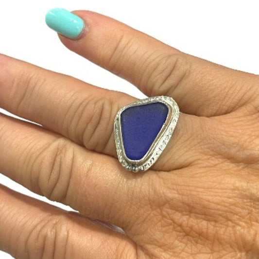 Sterling Silver Blue Cobalt Seaglass Ring - Size 6.5