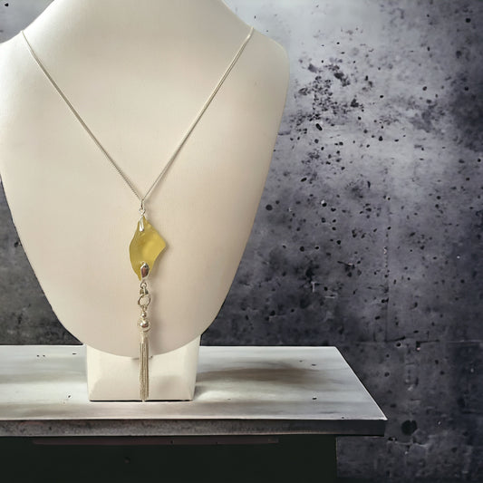 Soft Yellow Coloured Seaglass Pendant Necklace with Sterling Silver Tassel