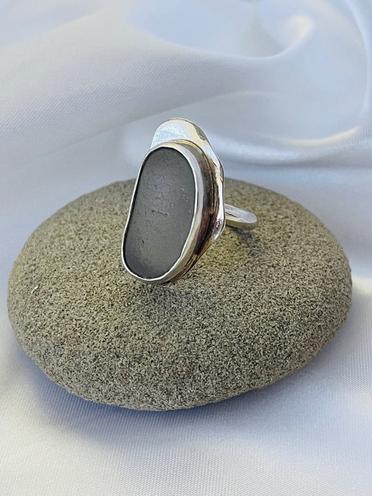 Grey Seaglass Sterling Silver Oval Ring in Abstract design