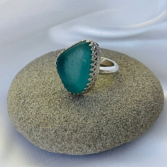 Triangular Teal Shaped Seaglass Ring with detailed Silver Bezel Size 8