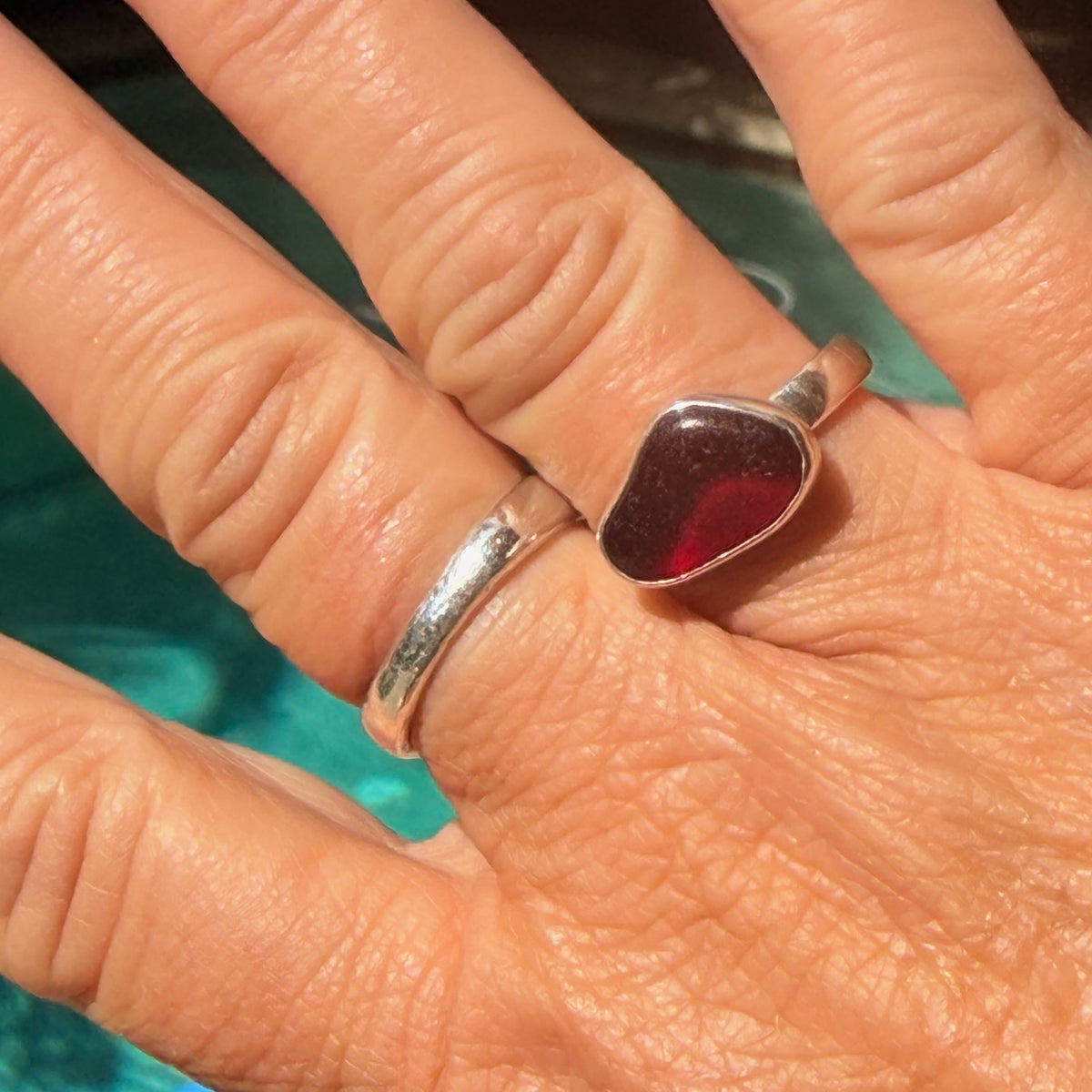 Deep Ruby Red Sea Glass Ring – Sterling Silver - Size 8