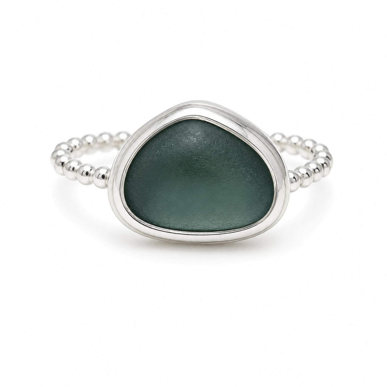 Deep Forest Green Sea Glass Ring – Sterling Silver Beaded Band – Size 7.5