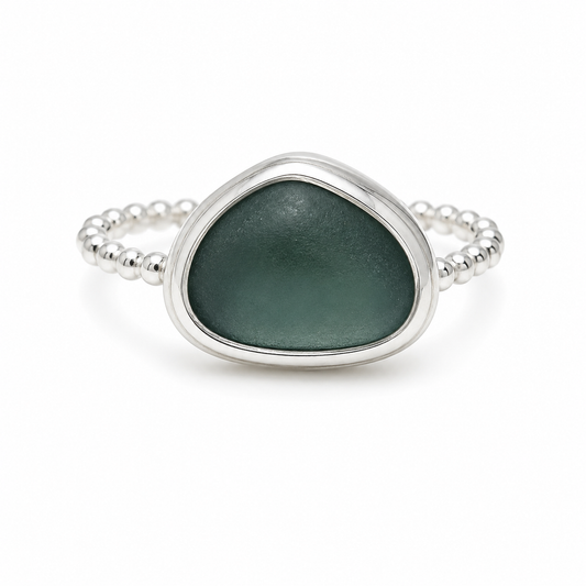 Deep Forest Green Sea Glass Ring – Sterling Silver Beaded Band – Size 7.5