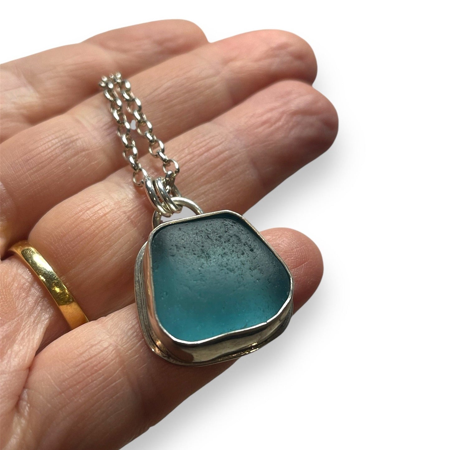 Blue Horizon: Sterling Silver-Wrapped Sea Glass Necklace on Belcher Chain