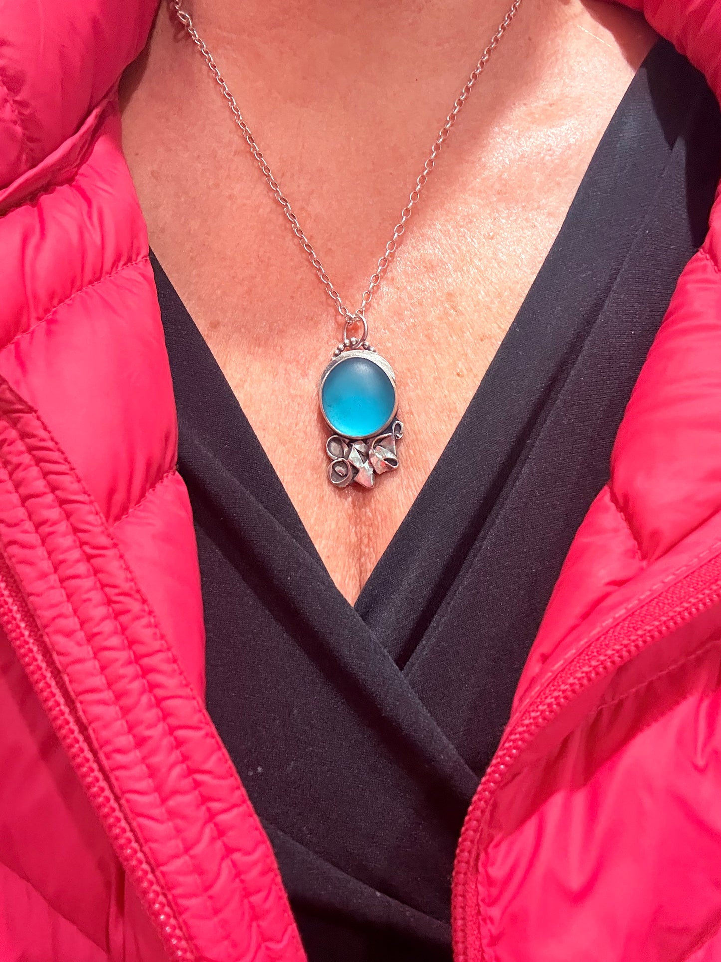 Freeform Waves: Turquoise Frosted Glass with Abstract Silver Detailing Pendant Necklace