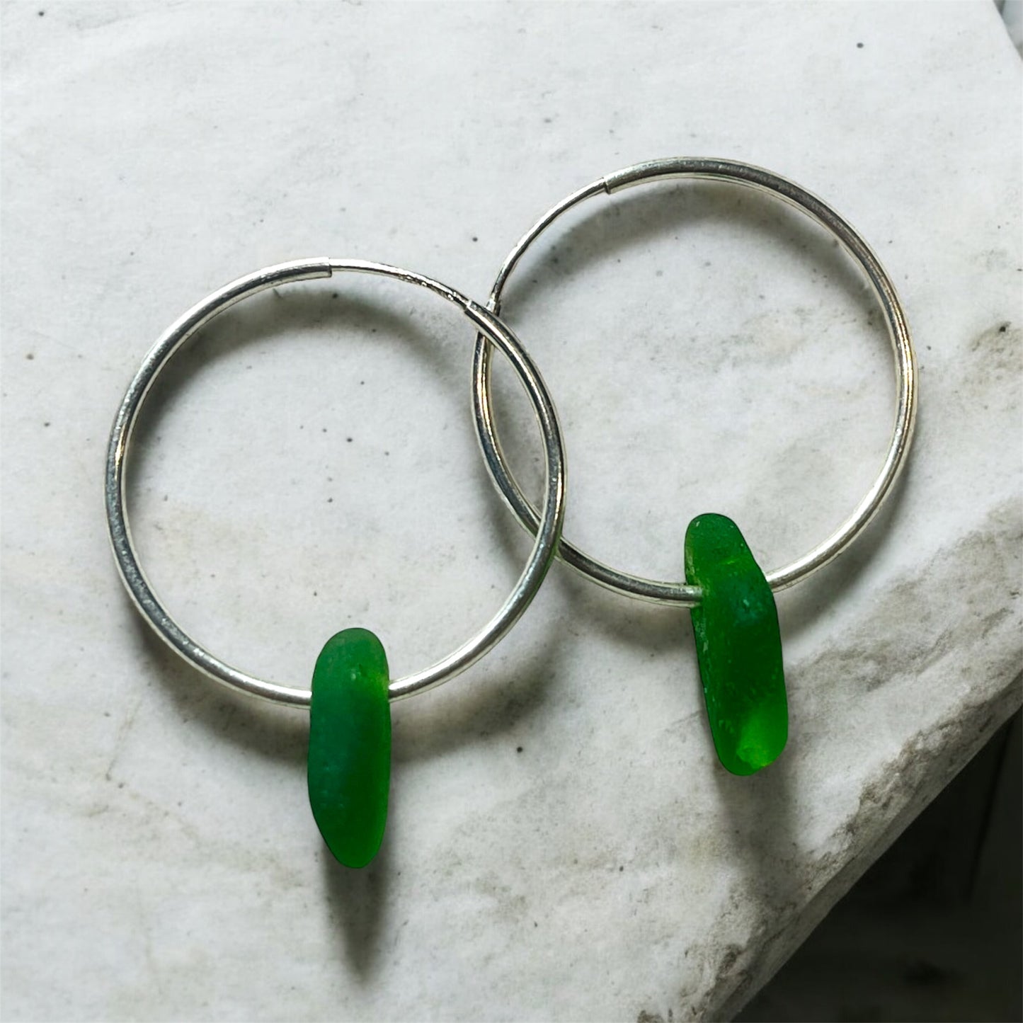 Silver Tide Hoop Earrings : Genuine Sea Glass on Sterling Silver