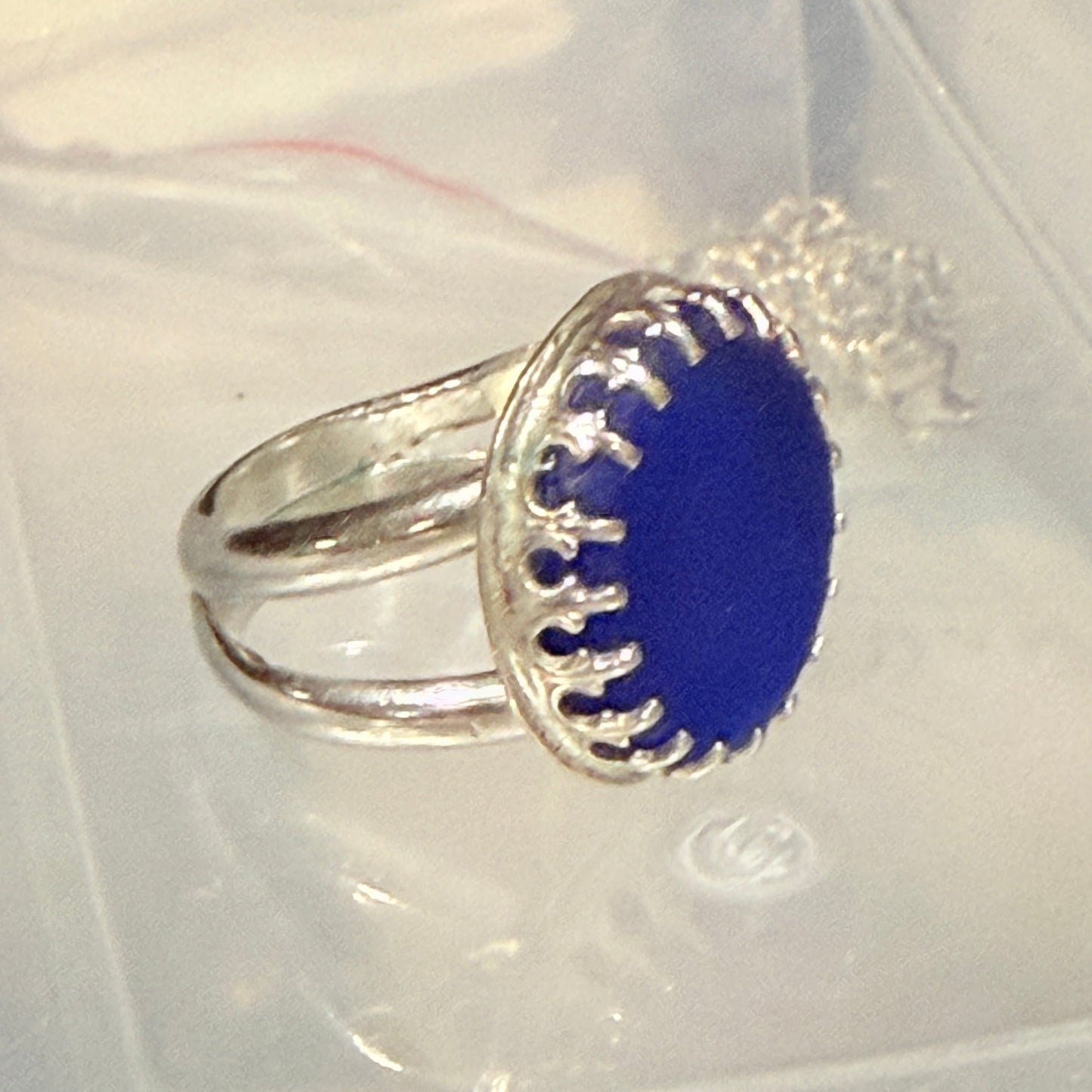 One of a Kind Japanese Marble Cobalt Blue Sterling Silver Ring with Crown bezel setting - Size 7.5