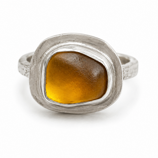 Golden Ember Sea Glass Ring – Sterling Silver | Size 7