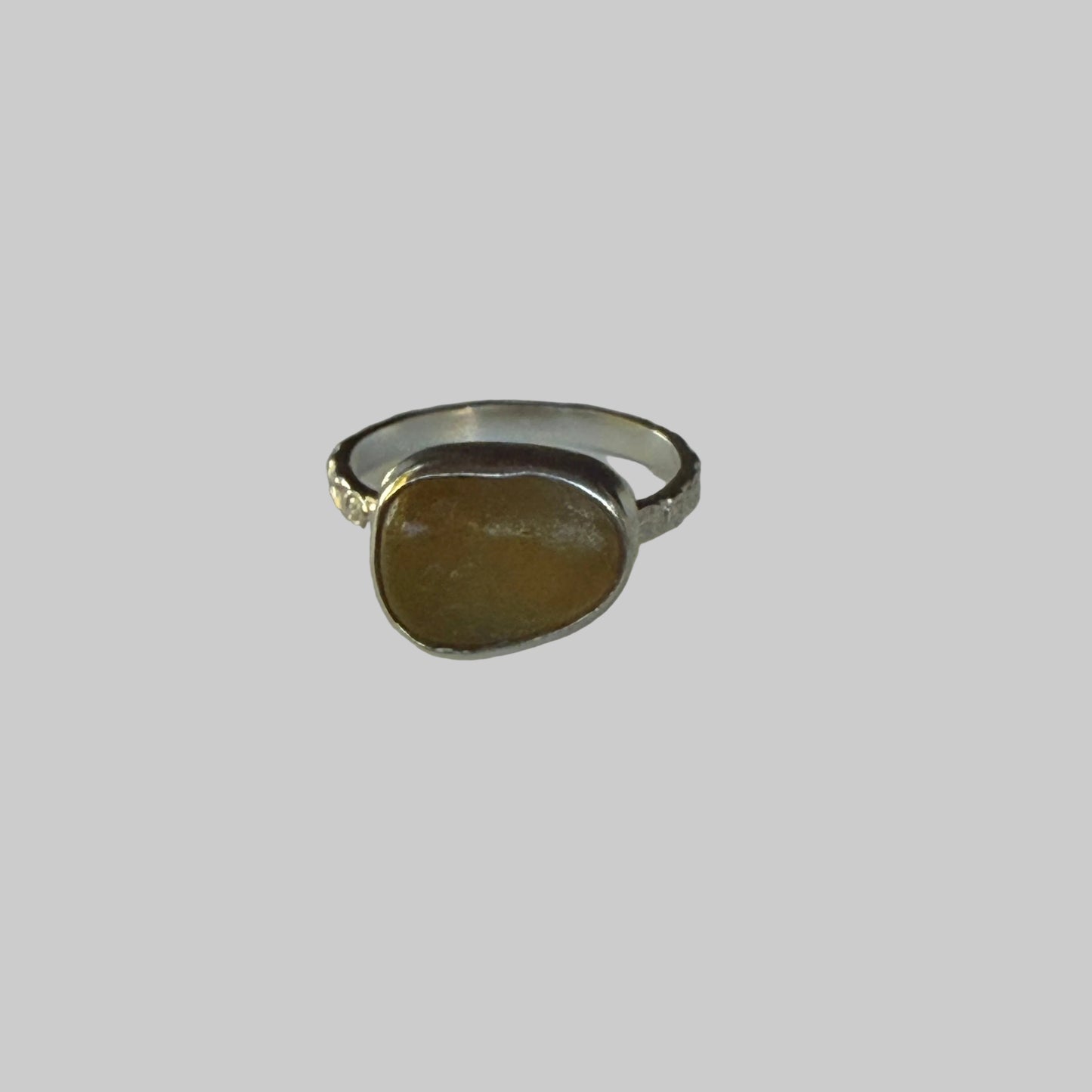 Honey Amber Sea Glass Ring – Sterling Silver Delicate Band – Size 6
