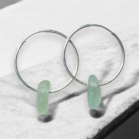 Silver Tide Hoop Earrings : Genuine Sea Glass on Sterling Silver