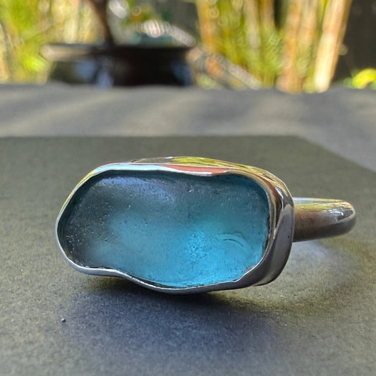 Azure Tide: Handmade Blue Sea Glass Ring - Large Size 10