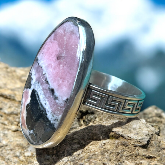 Pink Horizon: Large Oval Rhodochrosite Statement Ring Size 8.5