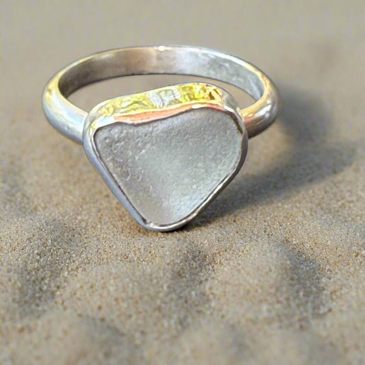 Ocean Heart  - White Seaglass Ring - Size 9