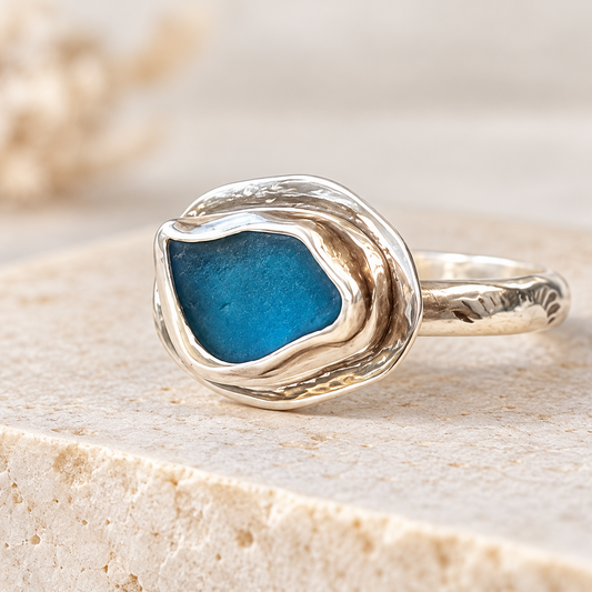 Aqua Sea Glass Sterling Silver Statement Ring | Size 9.5
