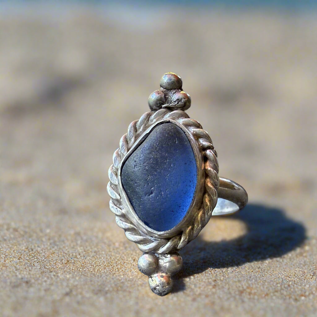 Blue Tide: Twisted Wire Sea Glass Ring – Size 8.5