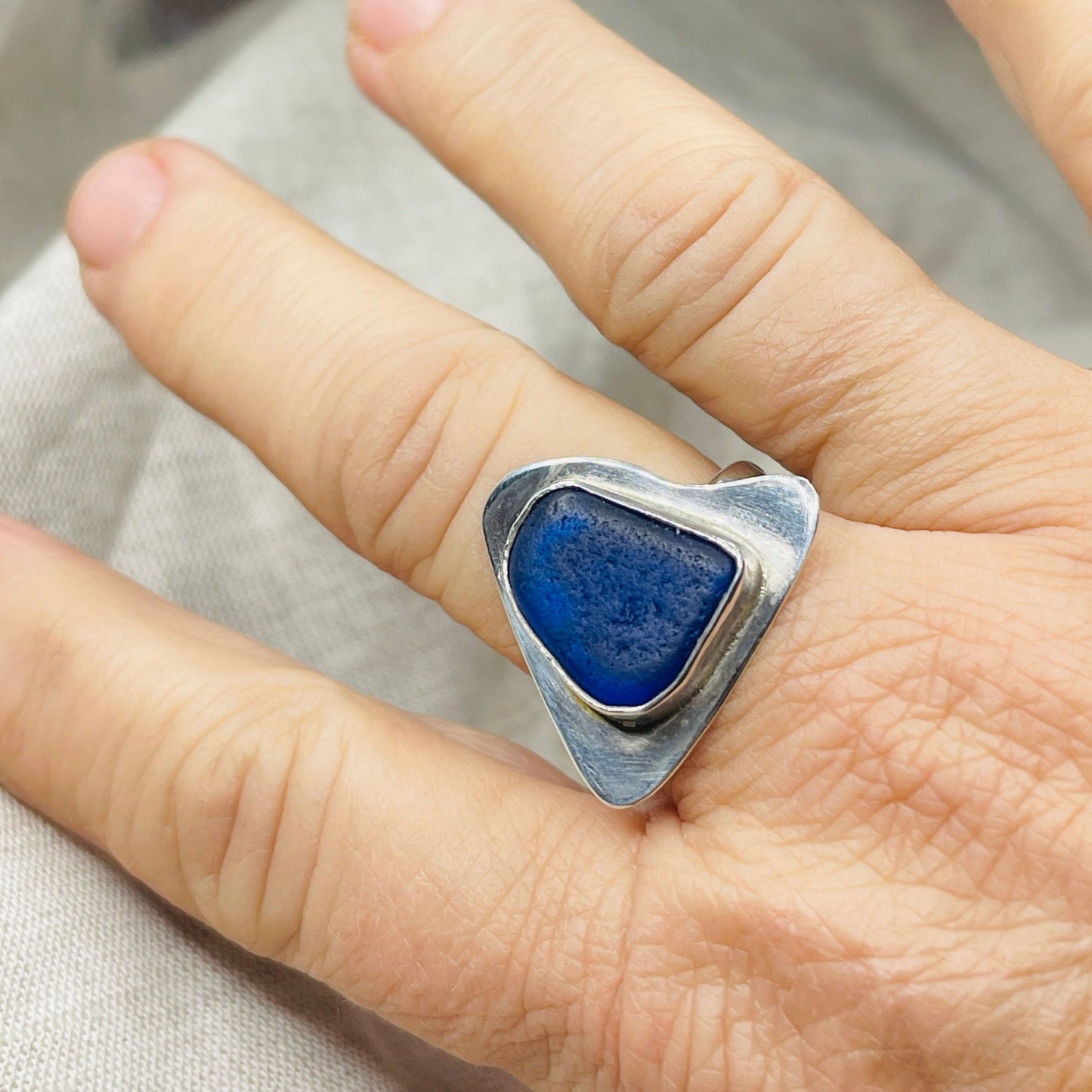 Ocean Waves: Triangular Blue Sea Glass Ring – Size 8