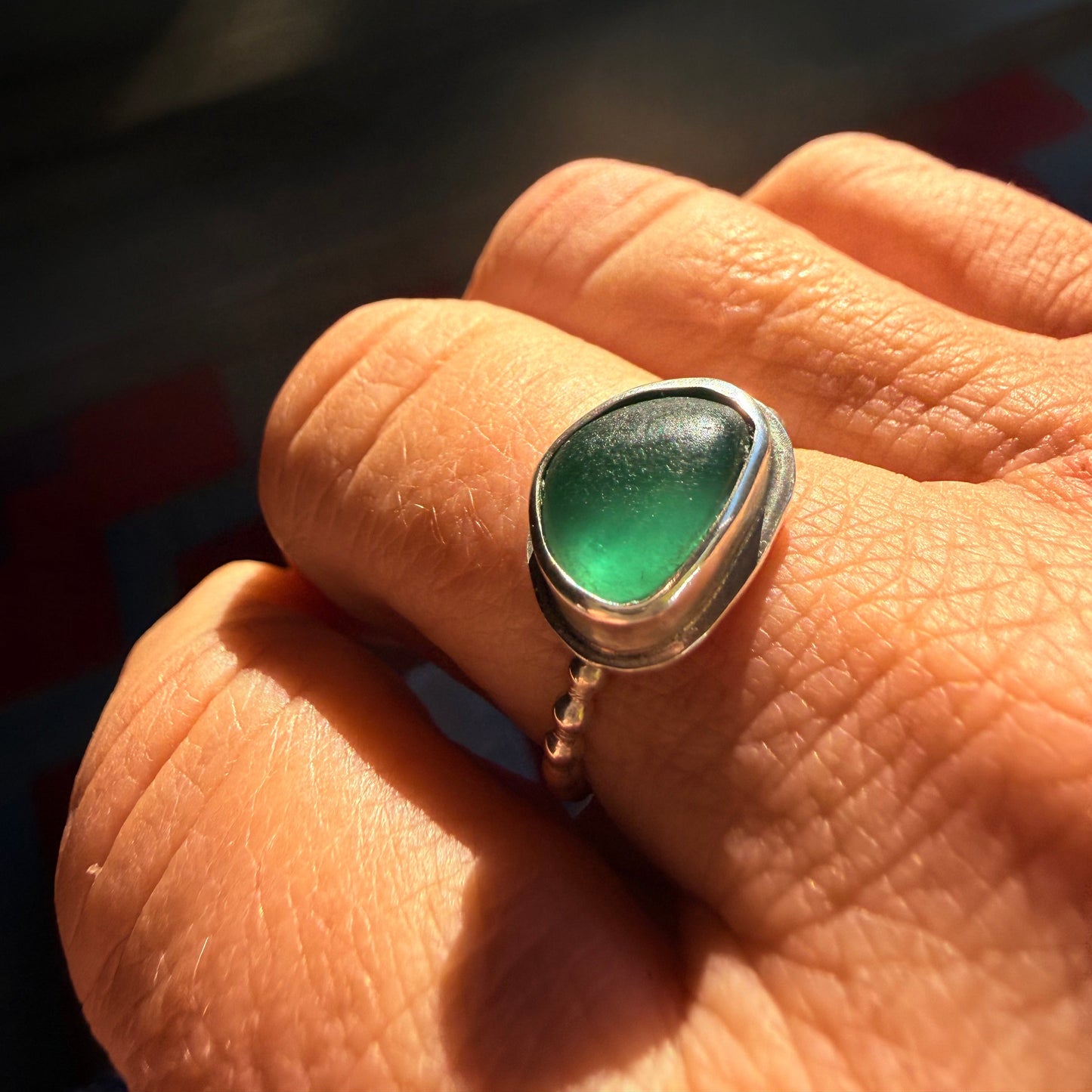 Deep Forest Green Sea Glass Ring – Sterling Silver Beaded Band – Size 7.5