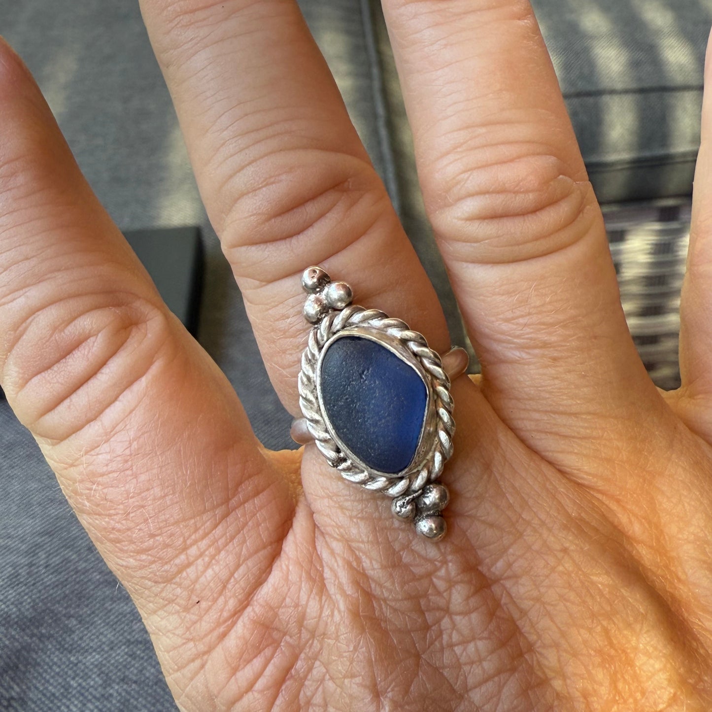 Blue Tide: Twisted Wire Sea Glass Ring – Size 8.5