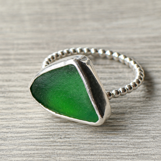 Bottle Green Sea Glass Ring – Sterling Silver Beaded Band | Size 7
