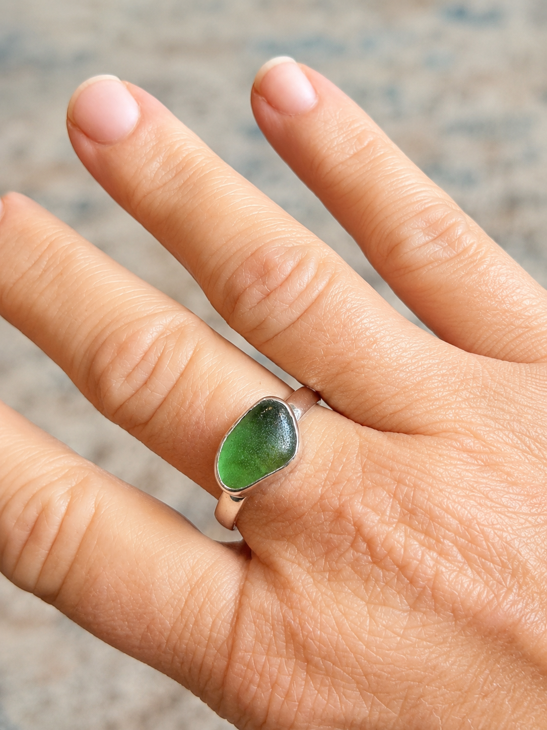 Emerald Green Sea Glass Ring – Handmade Sterling Silver | Size 9.5